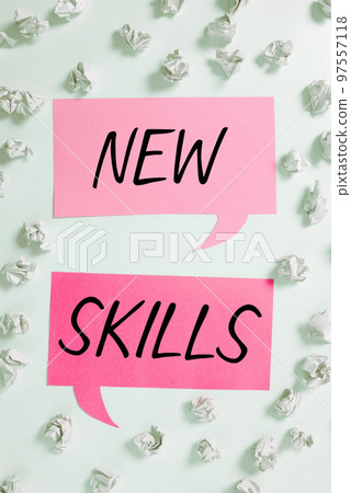 Text caption presenting New Skills. Business concept Recently Acquired Learned Abilities Knowledge Competences 97557118