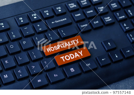 Conceptual caption Hospitality. Concept meaning the friendly and generous reception and entertainment of guests Conceptual caption Hospitality. Concept meaning the friendly and generous reception and entertainment of guests 97557148