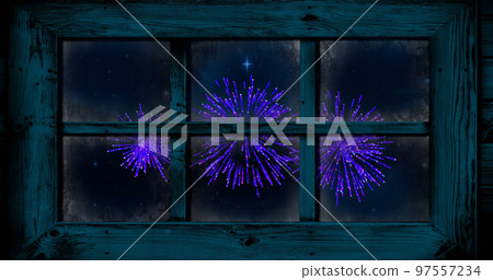 Image of window with purple christmas and new year fireworks exploding in night sky Image of window with purple christmas and new year fireworks exploding in night sky 97557234