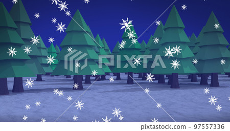 Image of snow falling over fir trees and winter landscape 97557336