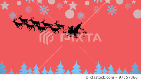Image of santa claus in sleigh with reindeer over snow falling on red background 97557366