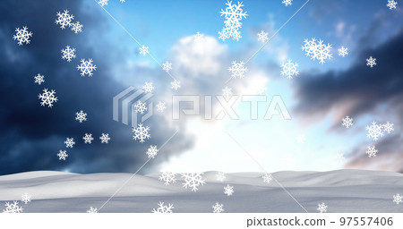Image of snow falling over winter landscape and sky 97557406