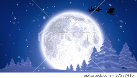 Image of santa claus in sleigh with reindeer over moon and sky 97557410