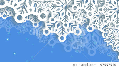 Image of snow falling over christmas decorations on blue background Image of snow falling over christmas decorations on blue background 97557510
