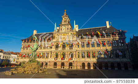 Brabo Fountain in front of Antwerp City Hall on Grote Markt Brabo Fountain in front of Antwerp City Hall on Grote Markt 97558039