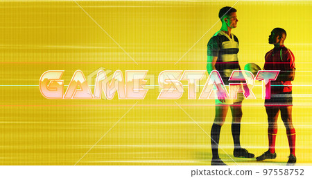 Composite of multiracial male players standing by illuminated game start text on yellow background 97558752