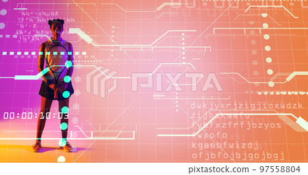 Biracial female tennis player with racket standing over grid pattern with codes, lines and dots 97558804