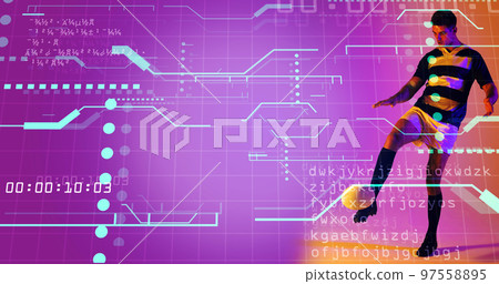 Caucasian rugby player kicking ball over computer language, grid pattern, dots and lines 97558895