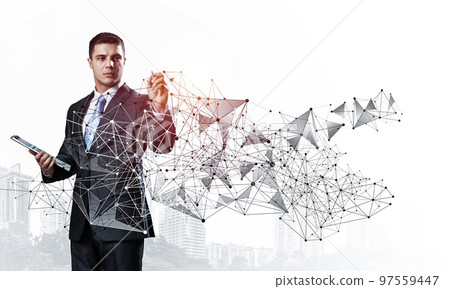 Businessman with documents pointing on network Businessman with documents pointing on network 97559447