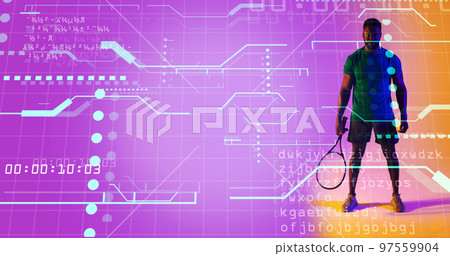 African american tennis player with racket standing over grid pattern with lines, dots and codes 97559904