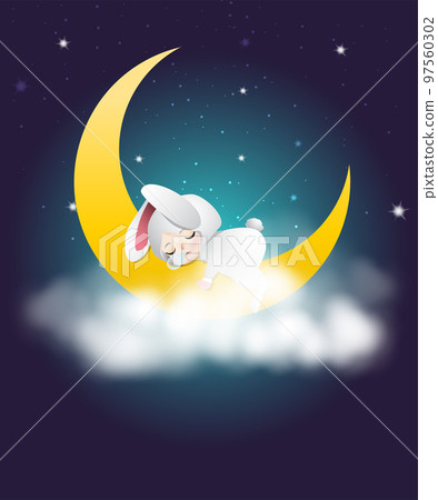 baby bunny sleeping on the moon in cloudy night baby bunny sleeping on the moon in cloudy night 97560302