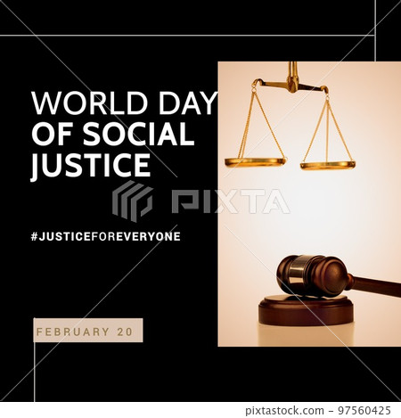Composition of world day of social justice text and justice scales and gavel 97560425
