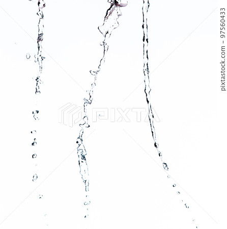 Shape form droplet of Water splashes into drop water line tube attack fluttering in air and stop motion freeze shot. Splash Water for texture graphic resource elements, White background isolated Shape form droplet of Water splashes into drop water line tube attack fluttering in air and stop motion freeze shot. Splash Water for texture graphic resource elements, White background isolated 97560433