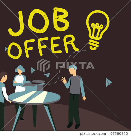 Text caption presenting Job Offer. Business overview A peron or company that gives opurtunity for one's employment 97560520