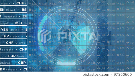 Image of stock market over scope scanning and server room Image of stock market over scope scanning and server room 97560600