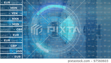 Image of stock market over scope scanning and server room Image of stock market over scope scanning and server room 97560603