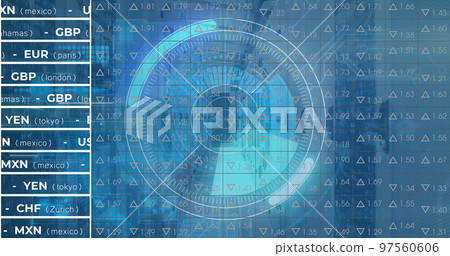 Image of stock market over scope scanning and server room Image of stock market over scope scanning and server room 97560606