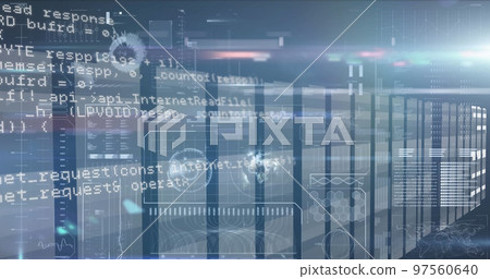 Image of data processing and shapes over server room Image of data processing and shapes over server room 97560640