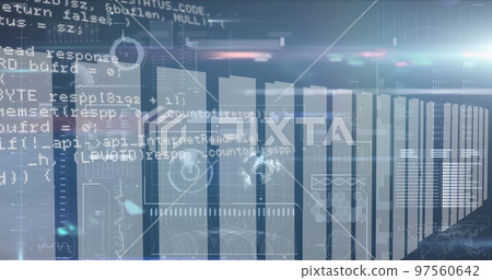 Image of data processing and shapes over server room Image of data processing and shapes over server room 97560642