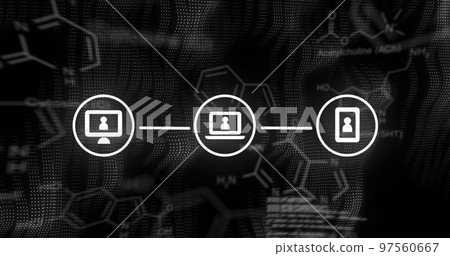 Image of qr code and network of connections over black background 97560667