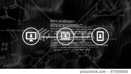 Image of qr code and network of connections over black background 97560668