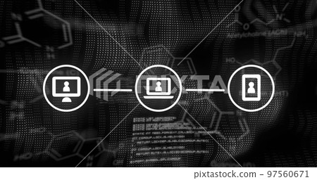 Image of qr code and network of connections over black background 97560671