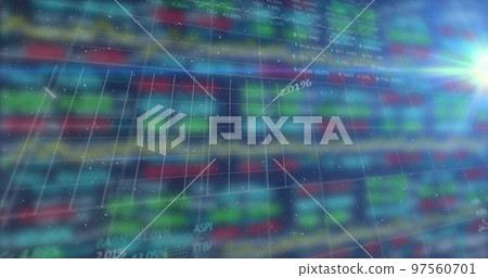 Image of digital grid pattern with line graph and trading board against colorful background 97560701