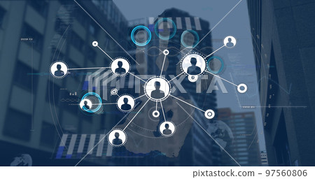 Image of profile icons connecting dots, data with graph, globe, fingerprints against buildings 97560806