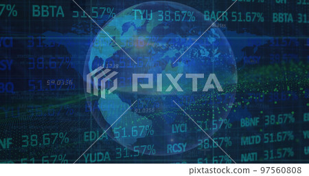 Image of lens flare, trading board, map and rotating globe over abstract background 97560808