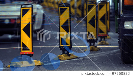 Image of statistics and data processing over man using computer and city street Image of statistics and data processing over man using computer and city street 97560823