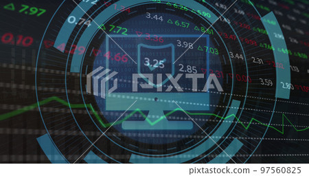 Image of scope scanning with computer icon over stock market on black background Image of scope scanning with computer icon over stock market on black background 97560825