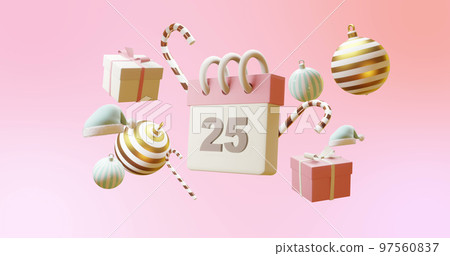 Composition of calendar with number 25 and christmas decorations on pink background 97560837