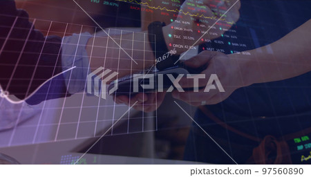 Image of data processing with graph over diverse people paying with smartwatch Image of data processing with graph over diverse people paying with smartwatch 97560890