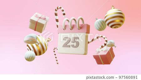 Composition of calendar with number 25 and christmas decorations on pink background Composition of calendar with number 25 and christmas decorations on pink background 97560891