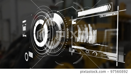 Image of scope scanning and data processing over stock market on black background Image of scope scanning and data processing over stock market on black background 97560892