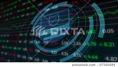 Image of scope scanning with computer icon over stock market on black background Image of scope scanning with computer icon over stock market on black background 97560894