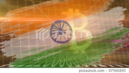 Image of bitcoin symbol and binary coding over flag of india in background 97560895