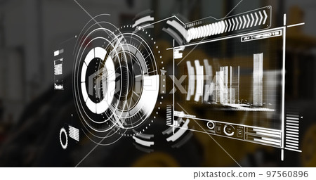 Image of scope scanning and data processing over stock market on black background Image of scope scanning and data processing over stock market on black background 97560896