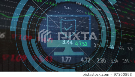 Image of scope scanning with computer icon over stock market on black background Image of scope scanning with computer icon over stock market on black background 97560898