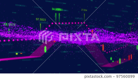 Image of purple wave pattern and green dots forming line graph over trading board Image of purple wave pattern and green dots forming line graph over trading board 97560899