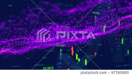 Image of purple wave pattern and green dots forming line graph over trading board Image of purple wave pattern and green dots forming line graph over trading board 97560900