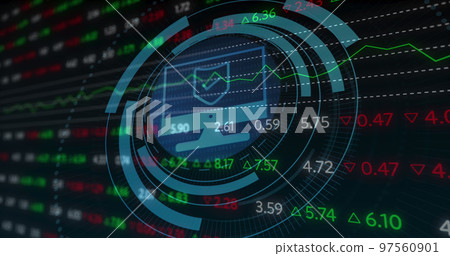 Image of scope scanning with computer icon over stock market on black background 97560901