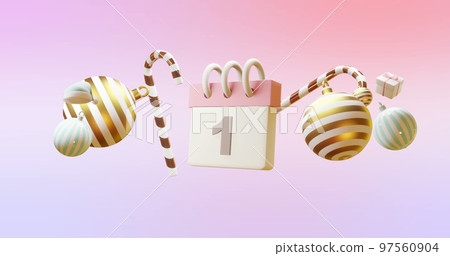 Composition of calendar with number 1 and christmas decorations on pink background 97560904