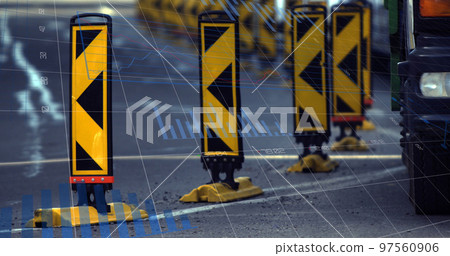 Image of statistics and data processing over man using computer and city street 97560906
