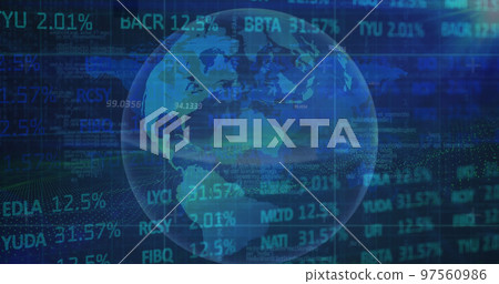 Image of lens flare, trading board, map and rotating globe over abstract background 97560986