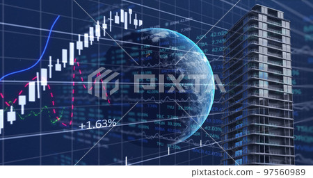 Financial data processing over globe and tall buildings against blue background Financial data processing over globe and tall buildings against blue background 97560989