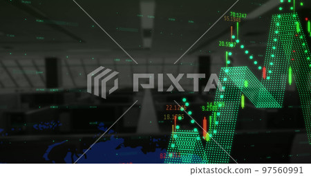 Financial data processing over world map against empty office in background Financial data processing over world map against empty office in background 97560991