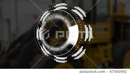 Image of scope scanning and data processing over stock market on black background 97560992