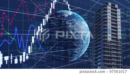 Financial data processing over globe and tall buildings against blue background 97561017