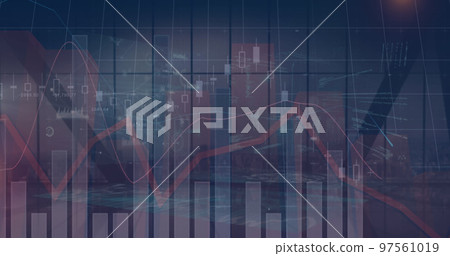 Image of financial data and graphs over cityscape 97561019